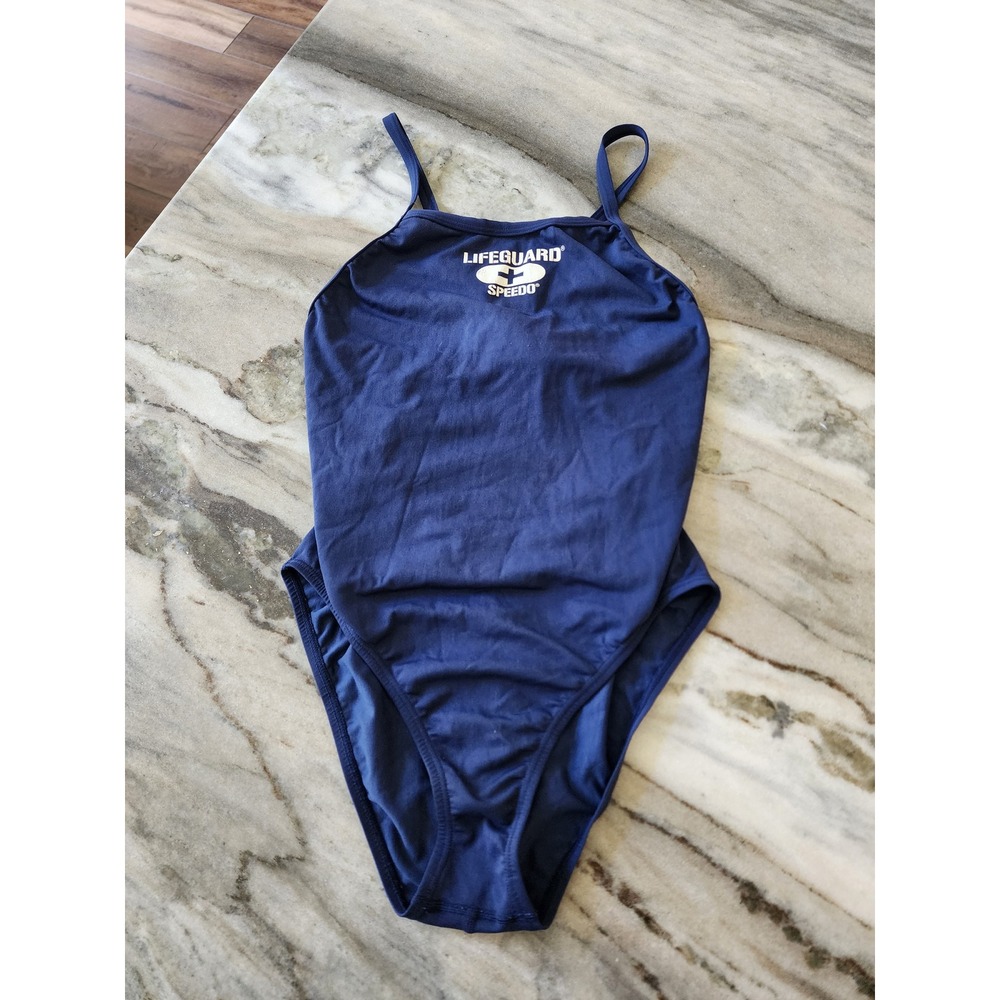 Vintage 90s Speedo Lifeguard One Piece Swimsuit Navy‎ Blue Crossback PBT Womens